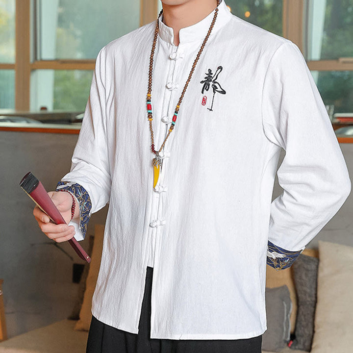 Buddha Stones Fall Solid Long Sleeve Frog-Button Shirt Linen Men Zen Clothing - image 3