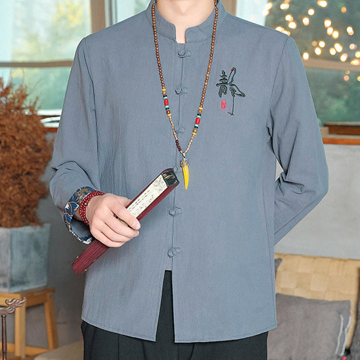 Buddha Stones Fall Solid Long Sleeve Frog-Button Shirt Linen Men Zen Clothing - image 14