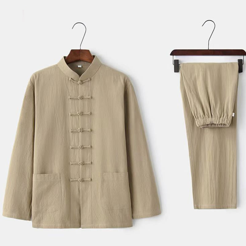 Buddha Stones 2Pcs Tang Suit Traditional Frog-Button Uniform Long Sleeve Shirt Pants Men's Set - Beige - US/UK/AU44，EU54 (5XL) - image 0