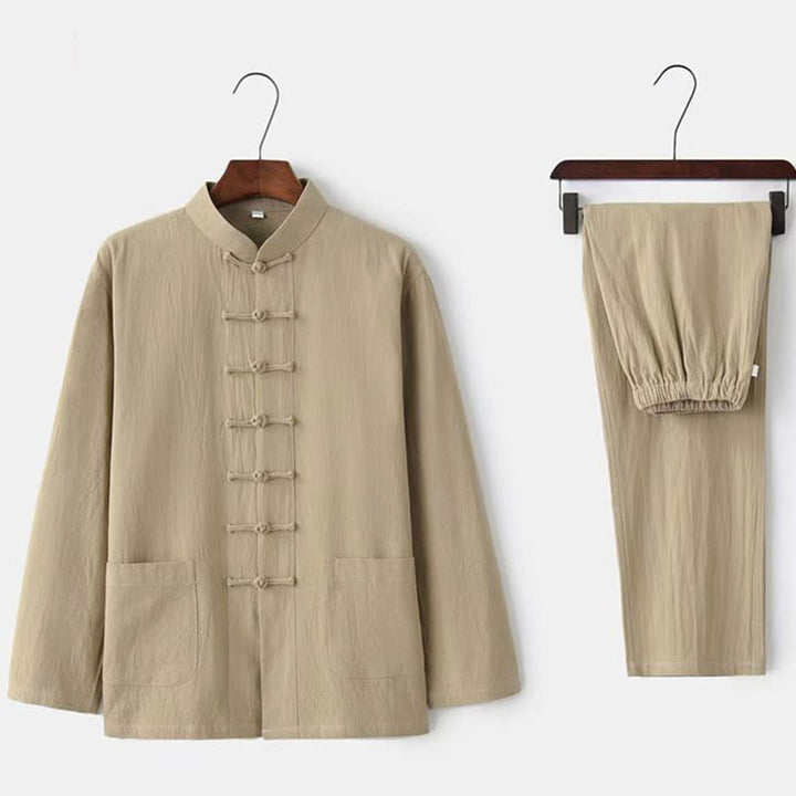 Buddha Stones 2Pcs Tang Suit Traditional Frog-Button Uniform Long Sleeve Shirt Pants Men's Set - Beige - US/UK/AU44，EU54 (5XL) - image 0