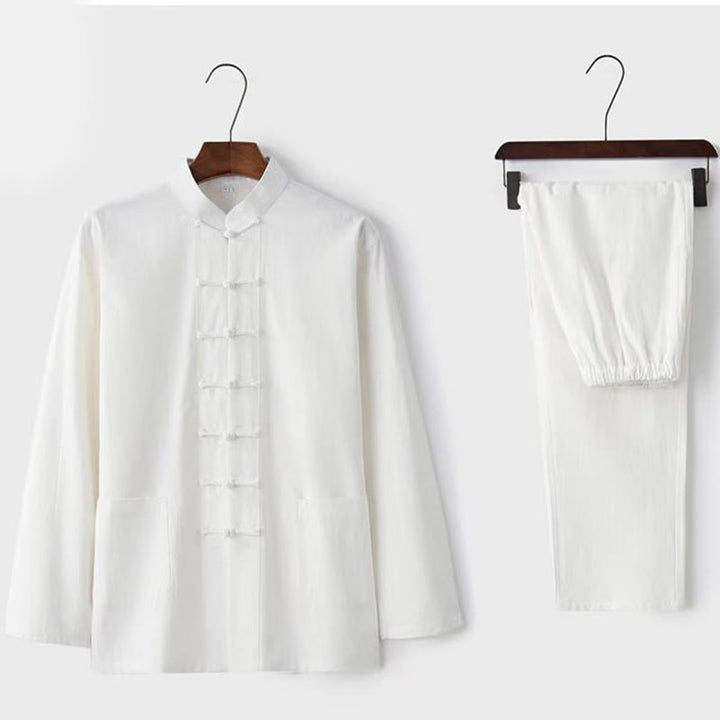 Buddha Stones 2Pcs Tang Suit Traditional Frog-Button Uniform Long Sleeve Shirt Pants Men's Set - White - US/UK/AU44，EU54 (5XL) - image 1