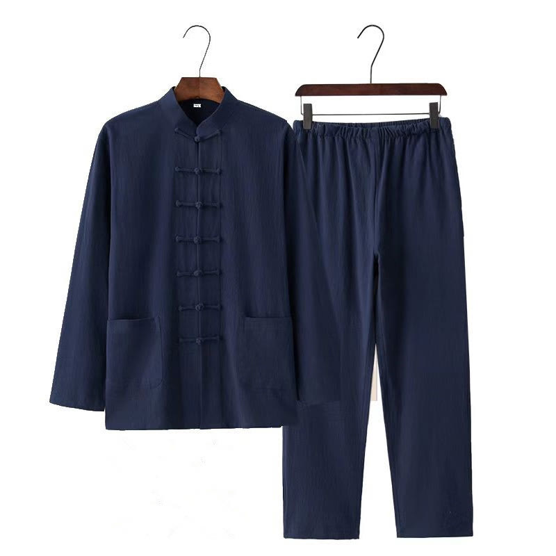Buddha Stones 2Pcs Tang Suit Traditional Frog-Button Uniform Long Sleeve Shirt Pants Men's Set - image 14