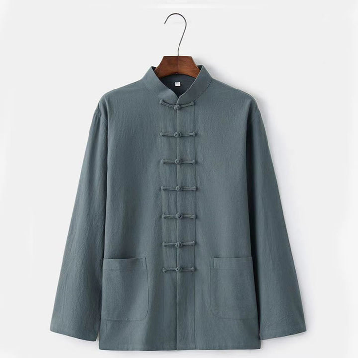 Buddha Stones 2Pcs Tang Suit Traditional Frog-Button Uniform Long Sleeve Shirt Pants Men's Set