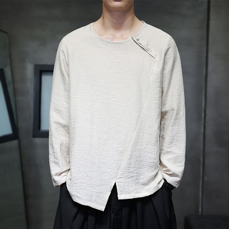 Buddha Stones Fall Solid Round Neck Long Sleeve T-Shirt Cotton Men Clothing - Linen - US/UK/AU46，EU56 (5XL) - image 0