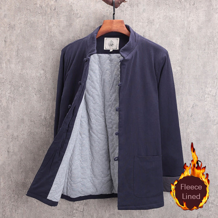 Buddha Stones Men's Frog-Button Tang Suit Cotton Linen Fleece Lined Jacket Shirt With Pockets