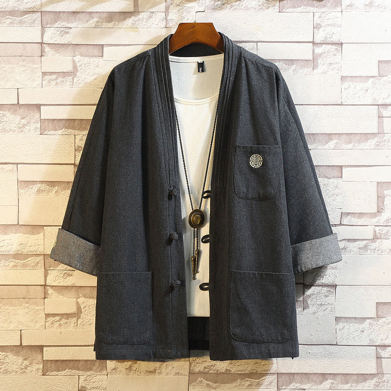 Buddha Stones Men's Frog-Button Tang Suit Three Quarter Sleeve Kimono With Pockets - Black - US/UK/AU46，EU56 (5XL) - image 0