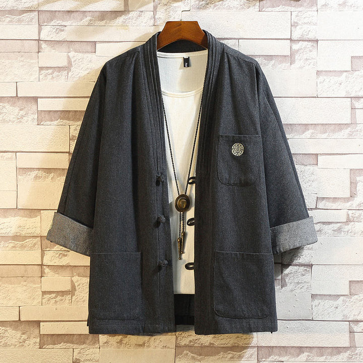 Buddha Stones Men's Frog-Button Tang Suit Three Quarter Sleeve Kimono With Pockets - Black - US/UK/AU46，EU56 (5XL) - image 0