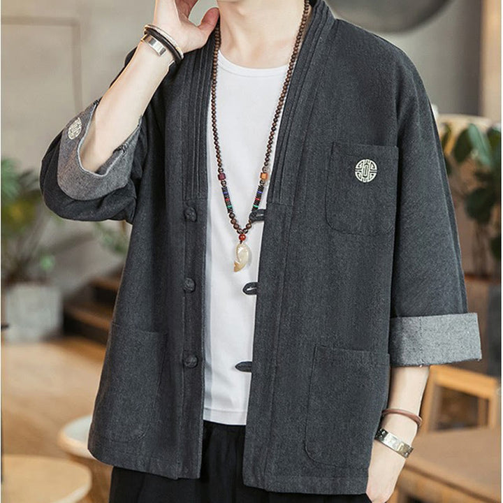 Buddha Stones Men's Frog-Button Tang Suit Three Quarter Sleeve Kimono With Pockets - image 2