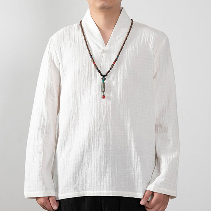 Buddha Stones Fall Simple V-Neck Long Sleeve T-Shirt Cotton Men Clothing - White - US/UK/AU44，EU54 (4XL) - image 10