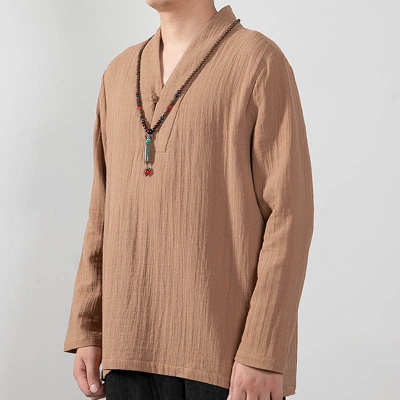Buddha Stones Fall Simple V-Neck Long Sleeve T-Shirt Cotton Men Clothing - image 1