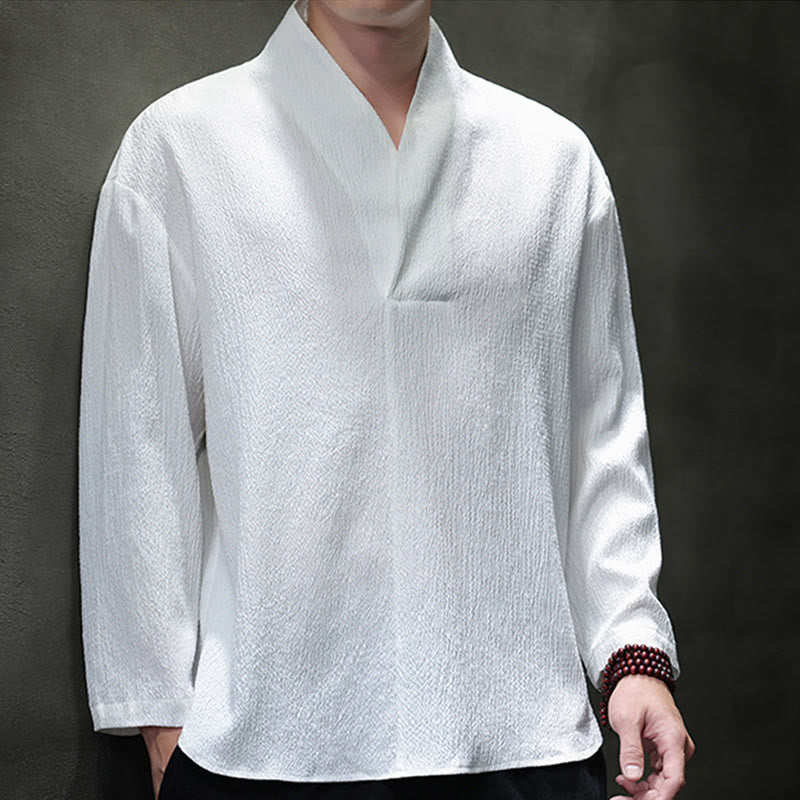 Buddha Stones Simple V-Neck Long Sleeve T-Shirt Men Clothing - image 1