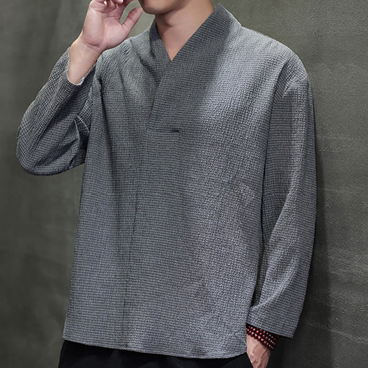 Buddha Stones Simple V-Neck Long Sleeve T-Shirt Men Clothing - image 24