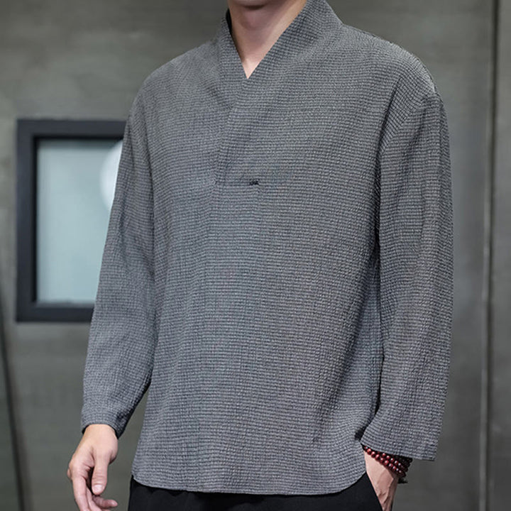 Buddha Stones Simple V-Neck Long Sleeve T-Shirt Men Clothing - image 23