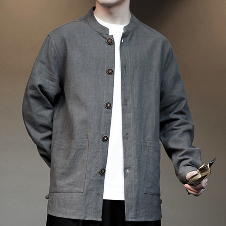 Buddha Stones Men's Button Ramie Linen Cotton Fleece Lined Jacket Shirt With Pockets