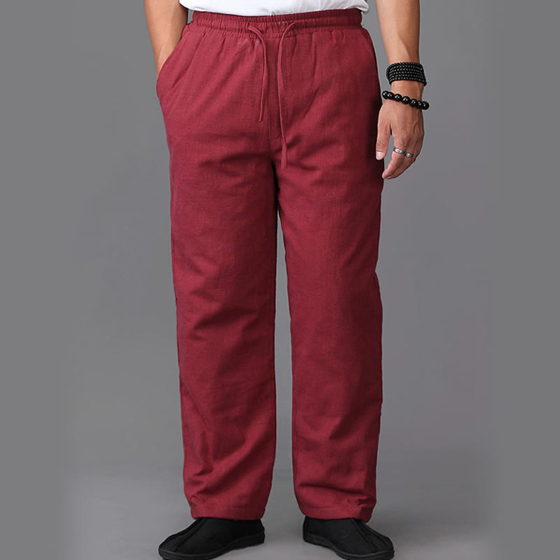 Buddha Stones Winter Men's Fleece Lined Drawstring Linen Pants With Pockets - image 15
