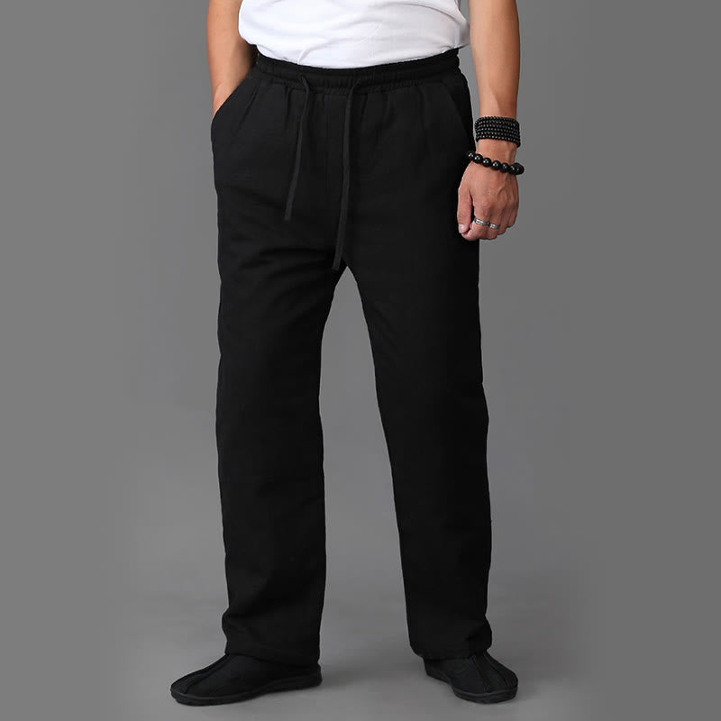 Buddha Stones Winter Men's Fleece Lined Drawstring Linen Pants With Pockets - image 10