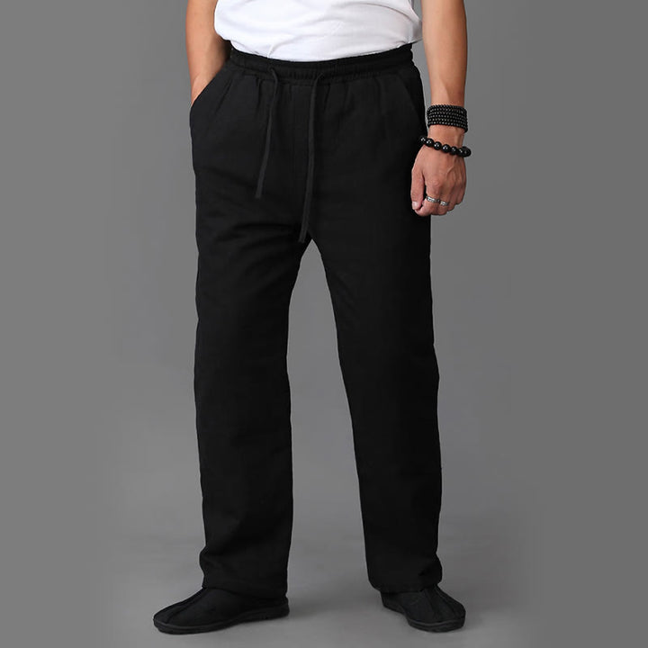 Buddha Stones Winter Men's Fleece Lined Drawstring Linen Pants With Pockets - image 11