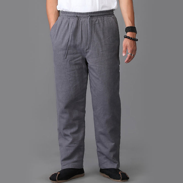 Buddha Stones Winter Men's Fleece Lined Drawstring Linen Pants With Pockets - image 13