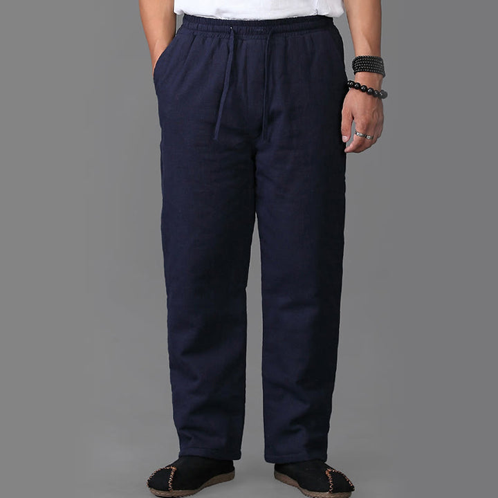 Buddha Stones Winter Men's Fleece Lined Drawstring Linen Pants With Pockets - image 2