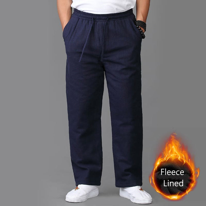 Buddha Stones Winter Men's Fleece Lined Drawstring Linen Pants With Pockets