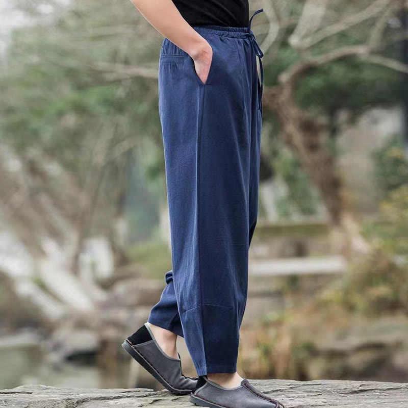 Buddha Stones Casual Simple Drawstring Men's Cotton Harem Pants With Pockets - image 2