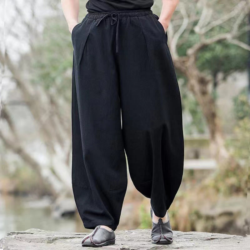 Buddha Stones Casual Simple Drawstring Men's Cotton Harem Pants With Pockets