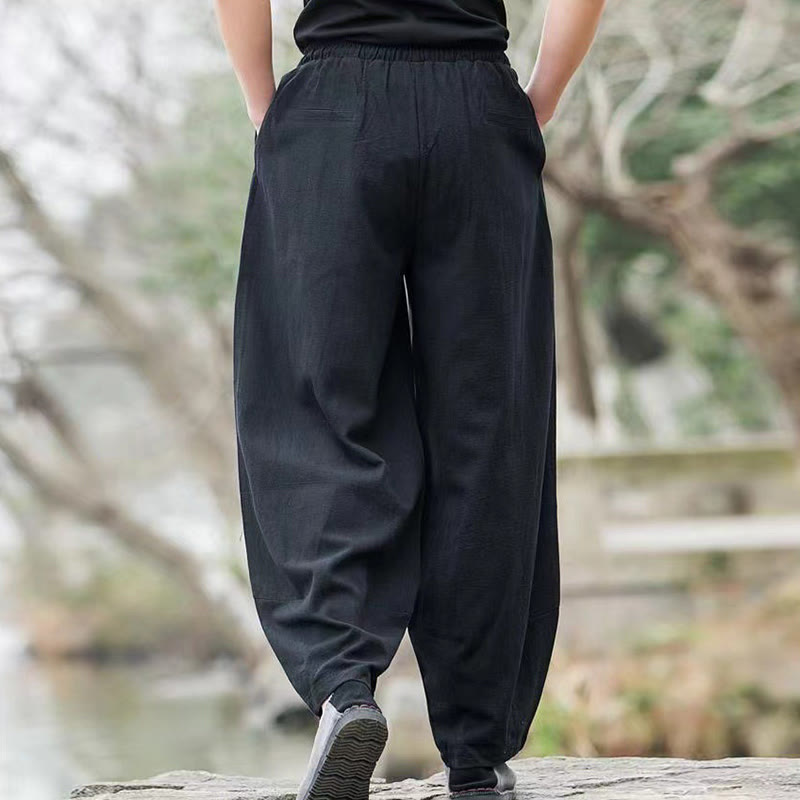 Buddha Stones Casual Simple Drawstring Men's Cotton Harem Pants With Pockets