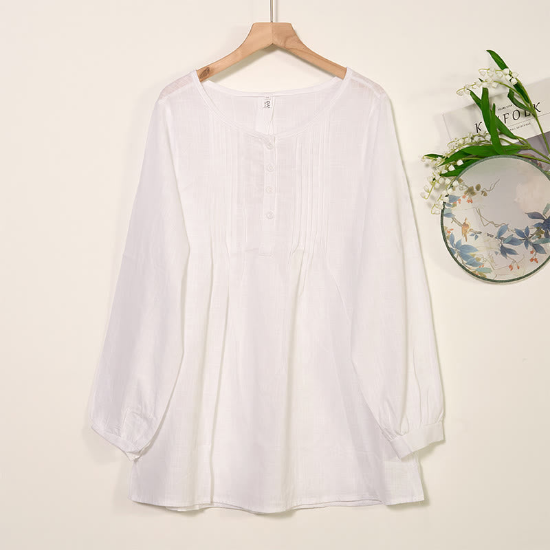 Buddha Stones Round Neck Casual Pleated Long Sleeve Shirt Cotton Linen Women's Shirts