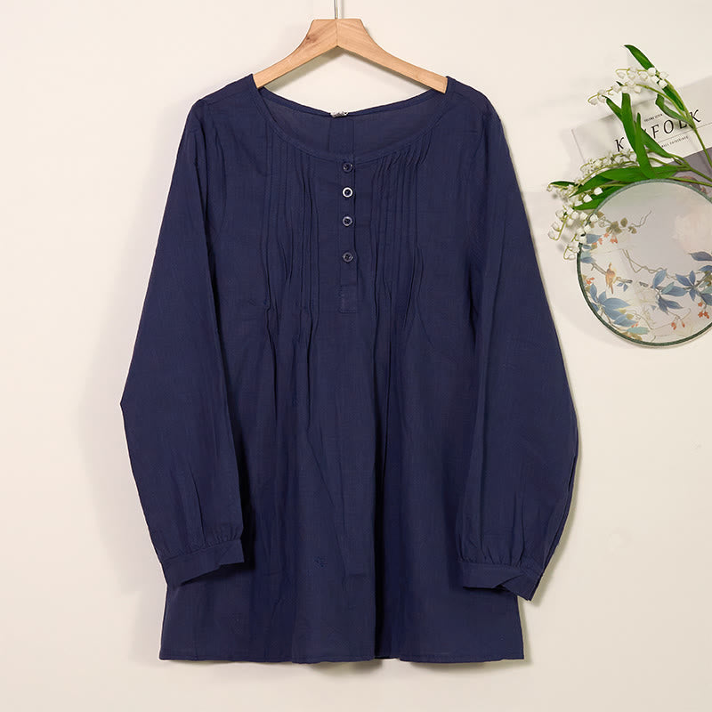 Buddha Stones Round Neck Casual Pleated Long Sleeve Shirt Cotton Linen Women's Shirts - MidnightBlue - US/UK/AU46，EU56 (5XL) - image 12
