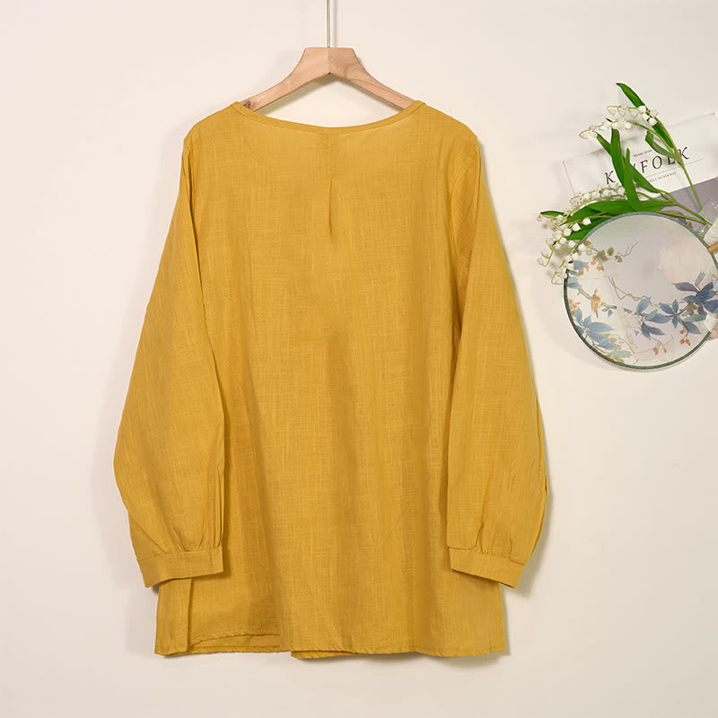 Buddha Stones Round Neck Casual Pleated Long Sleeve Shirt Cotton Linen Women's Shirts - image 1