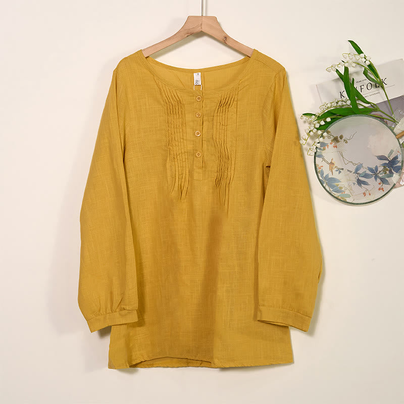Buddha Stones Round Neck Casual Pleated Long Sleeve Shirt Cotton Linen Women's Shirts - Goldenrod - US/UK/AU46，EU56 (5XL) - image 0
