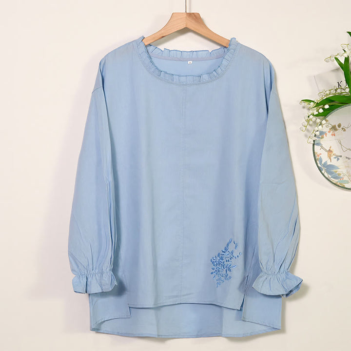 Buddha Stones Casual Ruffles Long Sleeve Round Neck Shirt Cotton Linen Women's Shirts