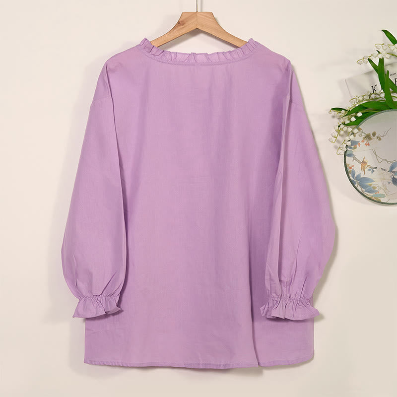 Buddha Stones Casual Ruffles Long Sleeve Round Neck Shirt Cotton Linen Women's Shirts