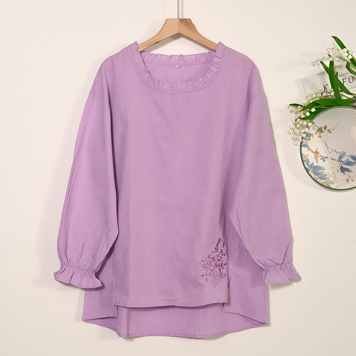 Buddha Stones Casual Ruffles Long Sleeve Round Neck Shirt Cotton Linen Women's Shirts