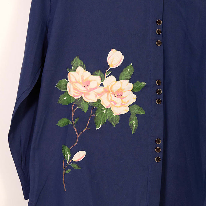 Buddha Stones Casual FLowers Long Sleeve Round Neck Shirt Cotton Linen Women's Shirts