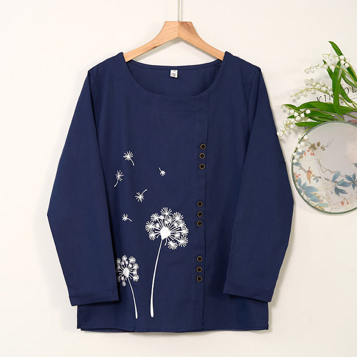 Buddha Stones Casual Dandelion Long Sleeve Round Neck Shirt Cotton Linen Women's Shirts - MidnightBlue - US/UK/AU46，EU56 (5XL) - image 0