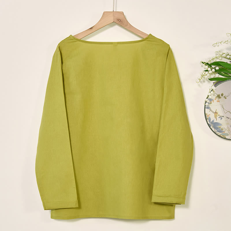 Buddha Stones Casual Floral Long Sleeve Round Neck Shirt Cotton Linen Women's Shirts