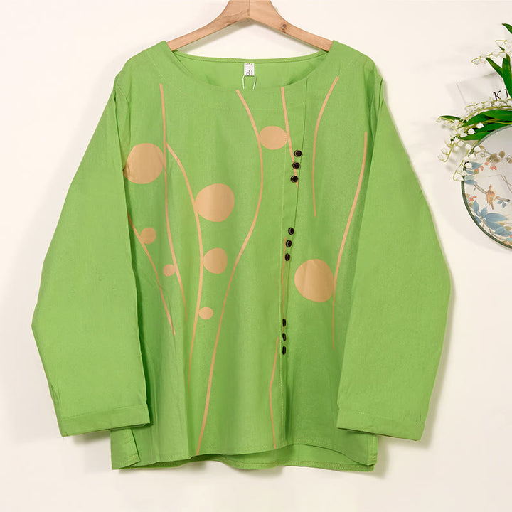 Buddha Stones Casual Pink Flowers Long Sleeve Round Neck Shirt Cotton Linen Women's Shirts