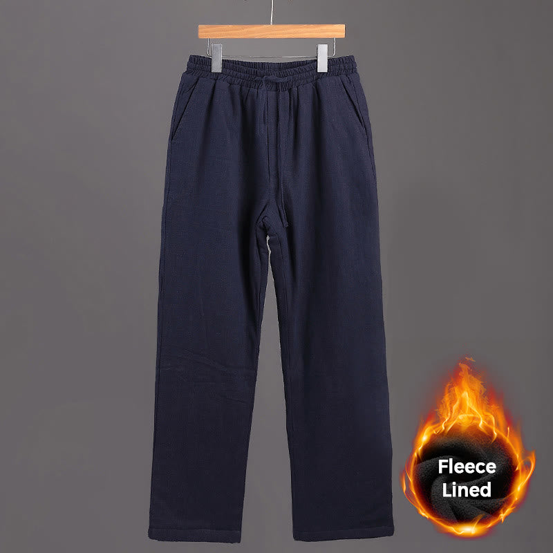 Buddha Stones Winter Men's Fleece Lined Drawstring Linen Pants With Pockets - image 2