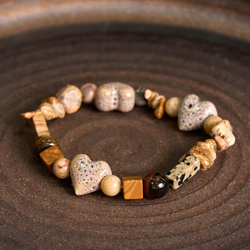 Buddha Stones Natural Dalmatian Jasper Stone Heart Shape Ceramics Bracelet