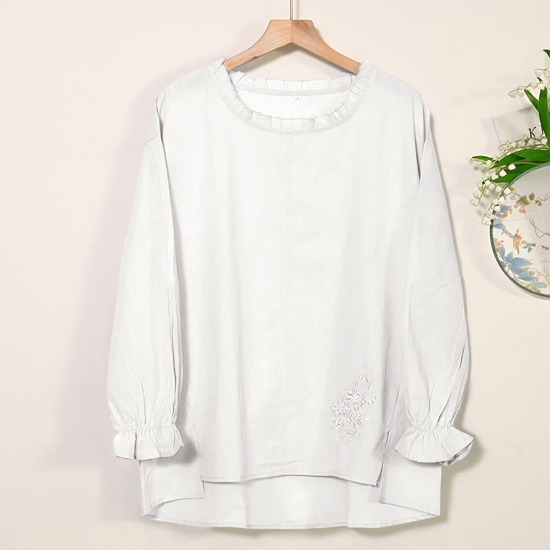 Buddha Stones Casual Ruffles Long Sleeve Round Neck Shirt Cotton Linen Women's Shirts