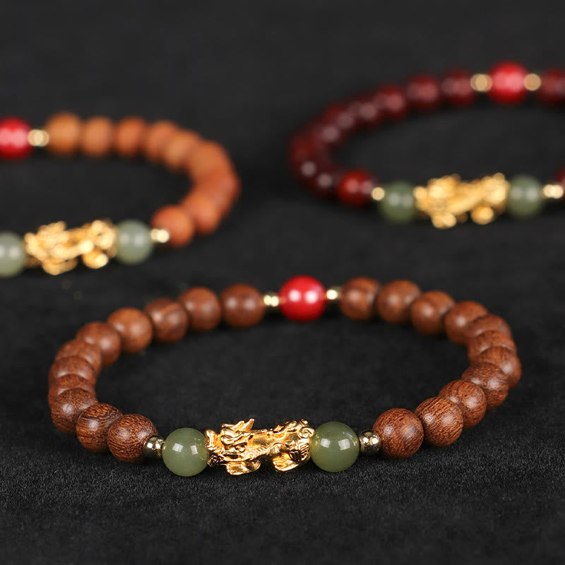 Buddha Stones 999 Sterling Silver Sandalwood Ebony Wood Small Leaf Red Sandalwood Hetian Jade Cinnabar PiXiu Wealth Bracelet