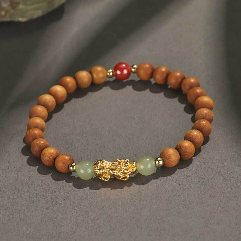 Buddha Stones 999 Sterling Silver Sandalwood Ebony Wood Small Leaf Red Sandalwood Hetian Jade Cinnabar PiXiu Wealth Bracelet - image 1