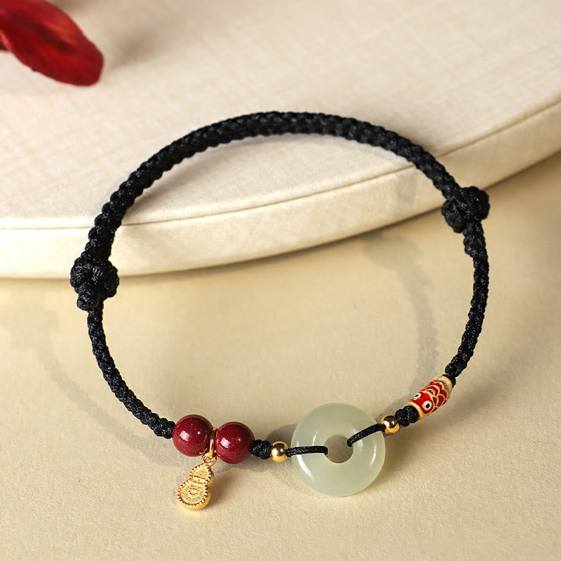 Buddha Stones Red String Black String Hetian Jade Peace Buckle Cinnabar 925 Silver Protection Bracelet