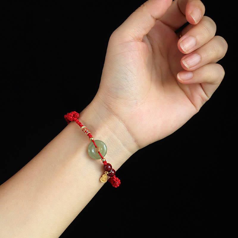 Buddha Stones Red String Black String Hetian Jade Peace Buckle Cinnabar 925 Silver Protection Bracelet