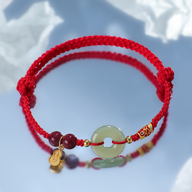 Buddha Stones Red String Black String Hetian Jade Peace Buckle Cinnabar 925 Silver Protection Bracelet