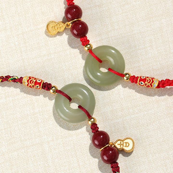 Buddha Stones Red String Black String Hetian Jade Peace Buckle Cinnabar 925 Silver Protection Bracelet