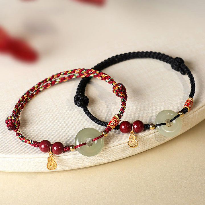 Buddha Stones Red String Black String Hetian Jade Peace Buckle Cinnabar 925 Silver Protection Bracelet