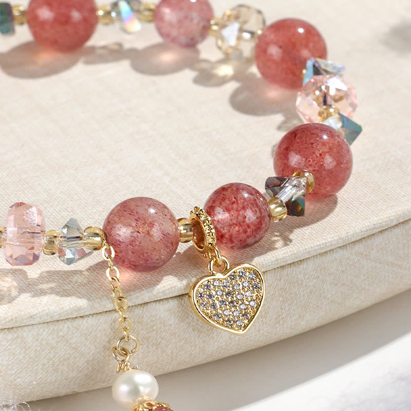 Buddha Stones Strawberry Quartz White Crystal Pearl Liuli Heart Healing Bracelet