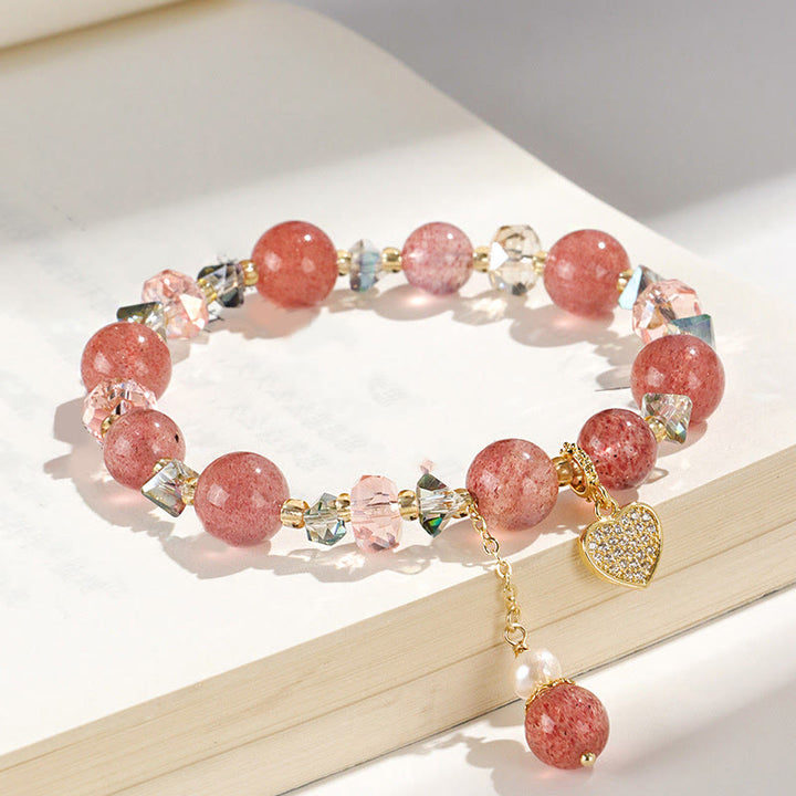 Buddha Stones Strawberry Quartz White Crystal Pearl Liuli Heart Healing Bracelet